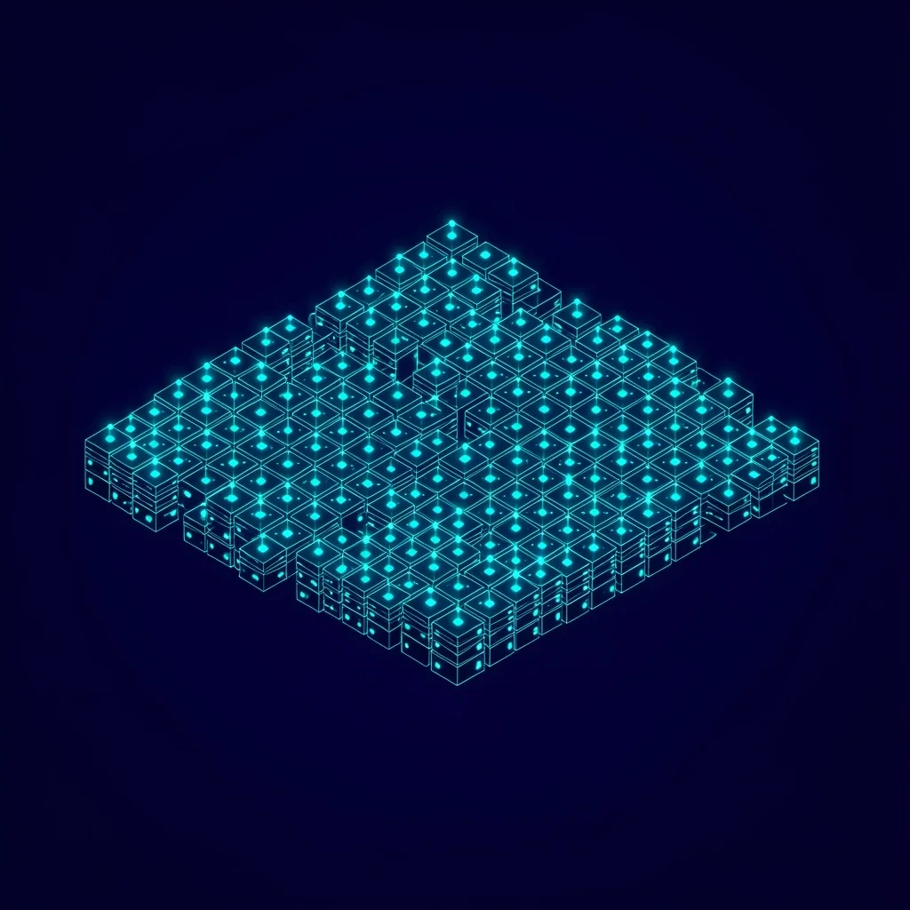 Matriz de datos isométrica representando la arquitectura de base de datos